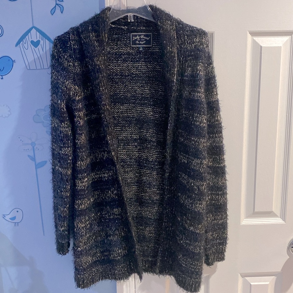 Lucky Brand "Shine Stripe" Open Navy Blue Black Front Cardigan Women's Size S !!